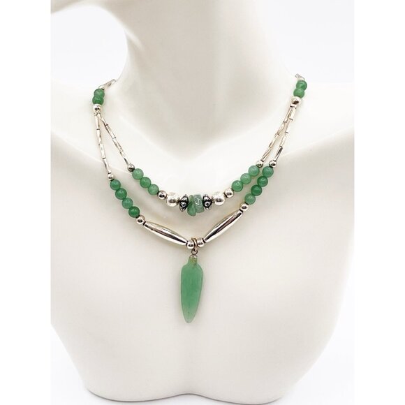 Vintage Nephrite Jade Necklace Sterling Silver Beads Double Strand Pendant - Picture 1 of 8